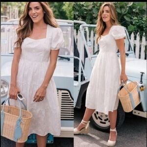Gal Meets Glam: Women's White Square-Neck Midi Dress with Puff Sleeves